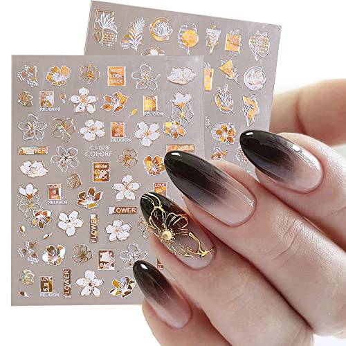 Leaves Nail Stickers Gold White Bronzing Flower Nail Art Stickers Decals 6PCS Flowers Abstract Face Leaf Adhesive Decals Sliders for Nails Design Manicure Art Summer Nail Art Decoration Accessories