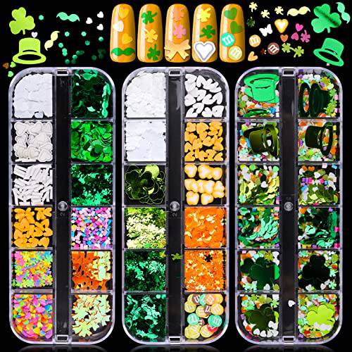 Lorvain 36 Grids St. Patrick’s Day Nail Art Glitters Sequins, Clover Flakes Nail Sequins Green Glitter Sequins Shamrocks Nail Art Glitter Sequins for Acrylic Nails DIY Irish Nail Art Decorations (B)