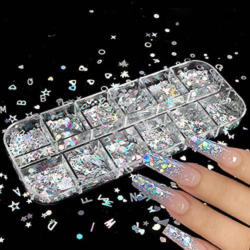 Holographic Nail Glitter Sequins 3D Laser Sliver Glitters Decor Nail Art Accessories Letters Heart Stars Circle Butterfly Flakes Nail Art Designs Nails Decorations for Women Decorative Nail Art