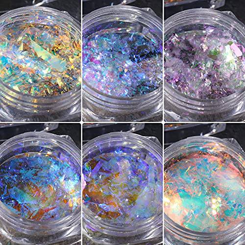Nail Sequins Holographic Glitters Chunky Iridescent Flakes Colorful Fluorescent Glass Paper Iridescent Flakes Sticker Set of 5 Jars (Chameleon)