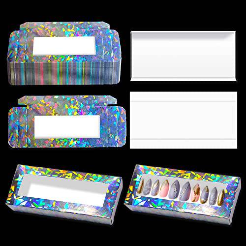 Empty Press on Nails Packaging Box Set - 25 PCS Nail Package Boxes with 25 PCS White Background Papers for Press on Nail Business(Holographic)