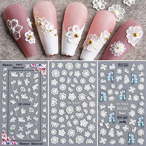 Flower Nail Art Stickers Decals, 5D Stereoscopic Embossed Flowers Nail Stickers Nail Art Designs Self Adhesive Nail Art Supplies Floral Nail Decals for Women Acrylic Nails Decorations (3Sheets)