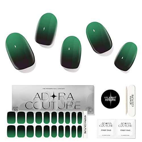 Adora Couture Semi Cured Gel Nail Strips | Green & Black Gradient Press On Nails | Ombre Full Sticker Polish Nail Wraps for Women | Stick On Salon Nails at Home Kit - UV Required (Green Envy)