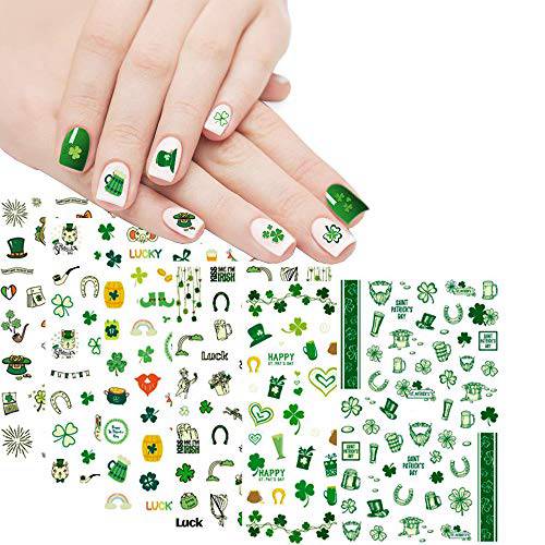 St. Patrick’s Day Nail Sticker Decal Decoration Clover Shamrock Luck Decorations for Women Self-Adhesive Nail Tips False Nail Sticker Design -6 Sheets