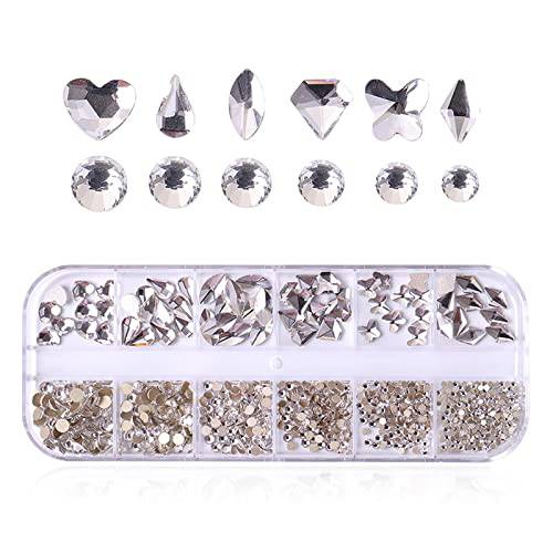 YOUMOO 800PCS Multi Shape Rhinestones, 3D Flat Back Rhinestones, Crystals Glass Gems Stones for DIY Nail Art Decoration Crafts Clothes Shoes Jewelry (Crystal)
