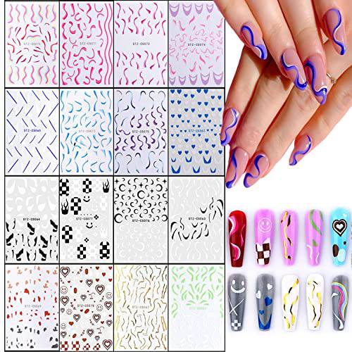 16PCS Wave Line Nail Stickers Lorvain 3D Colorful Geometry Irregular Whirling Lines Nail Decals Self-Adhesive French Abstract Swirl Line Print Nail Art Stickers Nail DIY Decoration for Women Girls