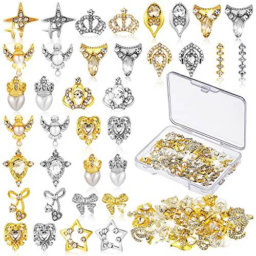 36 Pcs 3D Nail Charms Heart Nail Art Rhinestones Gold Silver Nail Jewelry Pearl Crystal Diamonds Rhinestones Gems for Beauty Manicure Nails Jewelry Making (Crown Style)