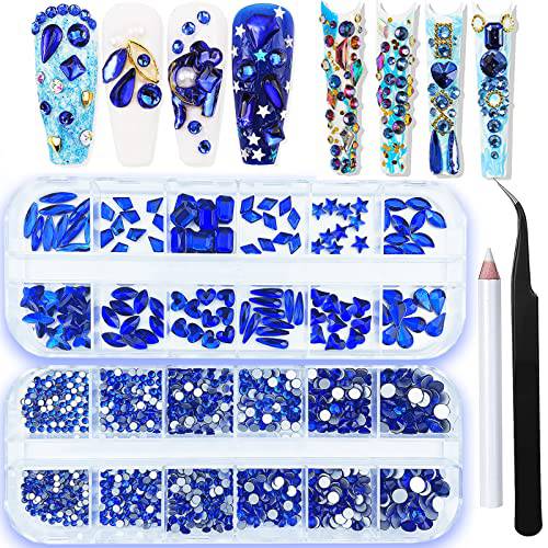 1920Pcs Royal Blue Rhinestones for Nails, Flatback Blue Rhinestones Gems Crystals Glass Stones Multi Shapes Sizes Nail Rhinestones with Tweezers Pen for Nail DIY Crafts Jewelry