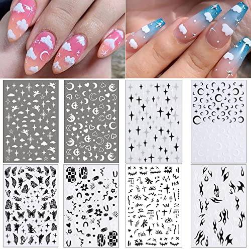 8 Sheets Cloud Moon Nail Stickers, 3D Black White Design Self-Adhesive Nail Art Decals,Flame Starlight Butterflies DIY Manicure Decorations for Women Girls
