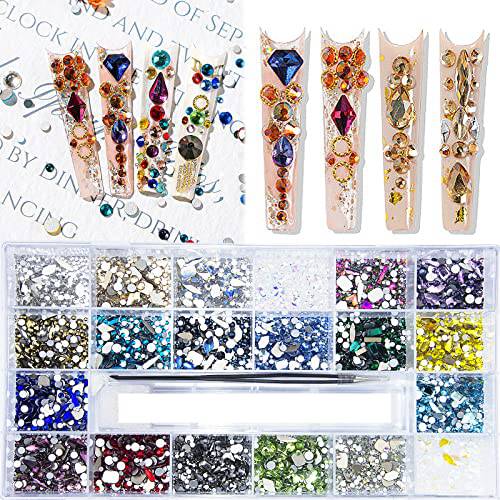 8200Pcs AB Red Blue Green Champagne Gold Black Pink Yellow Nail Rhinestones Mixed Colored Multi Shaped Sized Nail Beads Glass Gems Stones Rhinestones for Nail DIY Crafts Jewelry