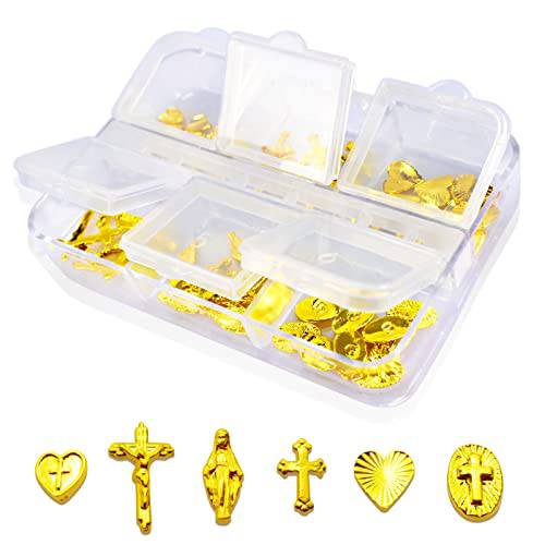 60 Pcs Gold Cross Charms for 3D Nail Art Design Metal Luxury Jewels Decoration Gems Retro Chrome Gothic Accessories Vintage Nail Craft Heart Jewelry DIY Punk Style Holy Logo Decor Jesus Virgin Mary