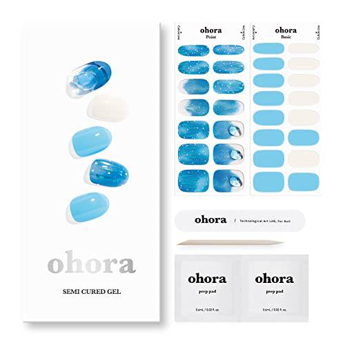 ohora Semi Cured Gel Nail Strips (N Bermuda) - Works with Any Nail Lamps, Salon-Quality, Long Lasting, Easy to Apply & Remove - Includes 2 Prep Pads, Nail File & Wooden Stick - Blue