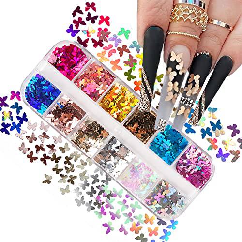 3D Holographic Butterfly Nail Art Glitter 12 Girds Sparkly Laser Butterfly Nail Sequin for Acrylic Nail Design, Chunky Paillettes Shining Flake Glitter Manicure Accessories Makeup DIY Decoration.