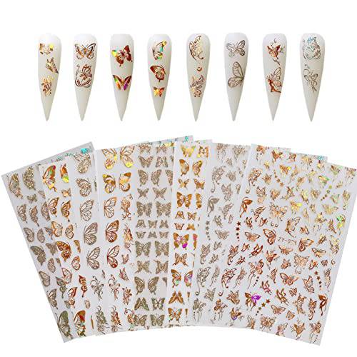 S SNUOY 8 pcs Butterfly Nail Stickers with 3D Gilding Laser Gold and Silver Color Butterfly Nail Decals Stereoscopic Nail Stickers for Art Decoration