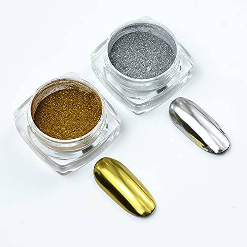 2 Jars Chrome Nail Powder Mirror Effect Gold and Silver Metallic Nail Manicure Pigment 0.3g/Jar for Nail Art Supplies Tools Kit