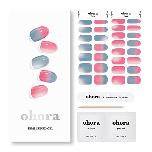 ohora Semi Cured Gel Nail Strips (N Sharky) - Works with Any Nail Lamps, Salon-Quality, Long Lasting, Easy to Apply & Remove - Includes 2 Prep Pads, Nail File & Wooden Stick - Pink