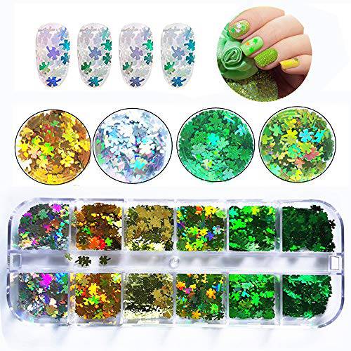 Macute St. Patrick’s Day Nail Glitter Sequins Set of 12 Colors Holographic Shamrock Nail Confetti 3D Laser Shamrock Shape Nail Decals Flakes Ultra-thin Nail Accessory Glitters for Nail Art Decoration