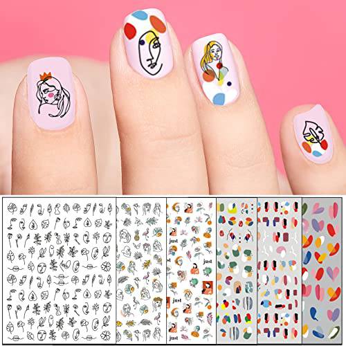 TailaiMei 12 Sheets Abstract Nail Art Stickers, Graffiti Fun Self-Adhesive Nail Decals, Minimalist Art Nail Decoration for Women