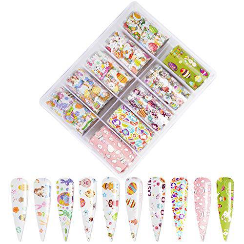 Easter Nail Foil Transfer Stickers 10Rollls Easter Day Nail Art Decorations Foils Easter Egg Bunny Print Transfer Stickers For Manicure Colorful Egg Flower Rabbit Nail Decal Wraps for Women
