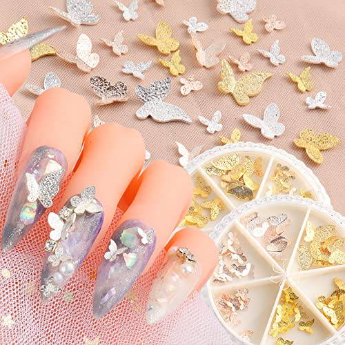 2 Boxs 90 PCS 3D Butterfly Nail Charms for acrylic nails,Gold Silver Rose Gold Alloy Butterfly Nail Glitter Nail Rhinestones,Metal Hollow Butterfly Nail Art Studs Nail Art Supplies nail decor Nail Gem