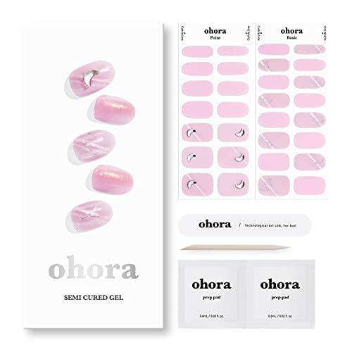 ohora Semi Cured Gel Nail Strips (N Virgo) - Works with Any Nail Lamps, Salon-Quality, Long Lasting, Easy to Apply & Remove - Includes 2 Prep Pads, Nail File & Wooden Stick - Pink