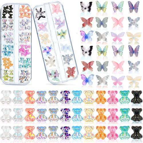 108 Pieces 3D Acrylic Butterfly Charms and Cute Bear Resin Nail Art Decorations Set, Includes 72 Pieces Crystal Bear Shaped Rhinestones and 36 Pieces Acrylic Butterfly Nail Charms for DIY Nail Art…