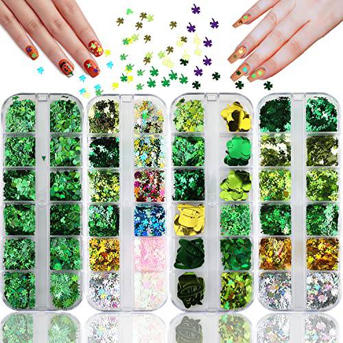 48 Grids Holographic St. Patrick’s Day Clover Nail Art Glitter Sequins,Holographic Shamrocks Resin Glitters,3D Acrylic Lucky Green Sequin, Laser Flakes Confetti for DIY Nail Art Crafts Makeup