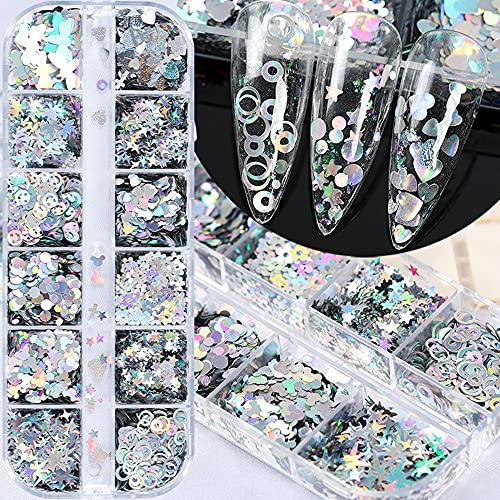 Silver Laser Nail Art Glitter 3D Holographic Sparky Star Flower Nail Sequins Mixed Size Glitters Hollow Circle Cross Heart Dragonfly Flakes Acrylic Nail Supplies Decoration DIY Accessories for Women