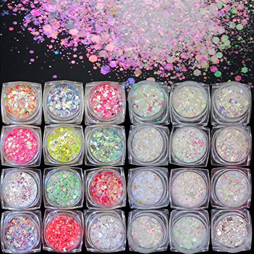 LoveOurHome 24 Box Iridescent Aurora Glitters Powder Pigment Nail Decorations Hexagon Chunky Flakes Sequins Accessories for Resin Epoxy Crafts Festival Makeup Body Acrylic Nails Design