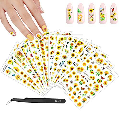 Nail Art Stickers Sunflower, 12 Sheets 3D Nail Art Decals Butterfly Bee Flowers Floral Pattern Nail Stickers Adhesive Summer Autumn Nail Art Stickers for Women Girl Nails Decoration with 1Pcs Tweezer