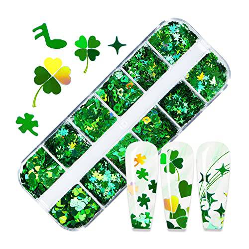 St.Patrick’s Day Nail Art Glitters Green Clover Nail Holographic Exquisite Nail Sequins Confetti Shamrock Heart Leaf Design Nail Art Supplies for St.Patrick’s Day Acrylic Nail Decorations 12 Grids (A)