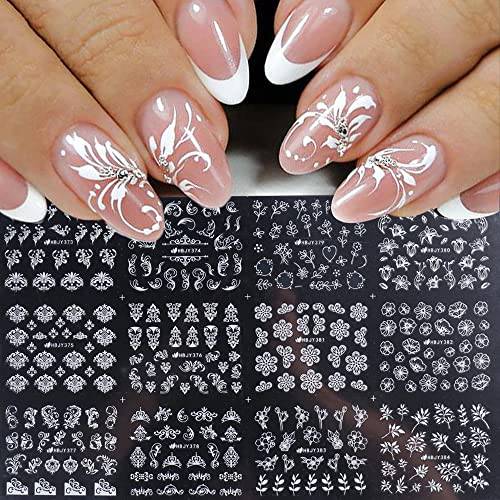 Flowers Nail Decals, 3D Self-Adhesive White Floral Nail Art Stickers French Hollow Flower Leaf Nail Art Designs Manicure Tips Accessories DIY Nail Art Decoration for Acrylic Nails, 12 Styles