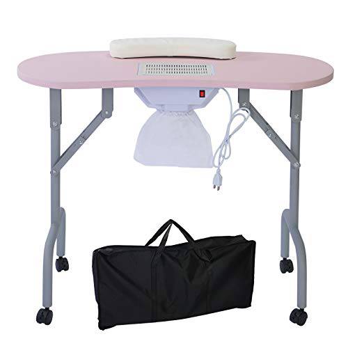 AGESISI Portable Manicure Table Foldable Nail Desk with Dust Collector Professional Nail Tech Table for Technician Spa Salon Workstation, Client Wrist Pad Carry Bag 4 Lockable Wheels, 36-inch, Pink