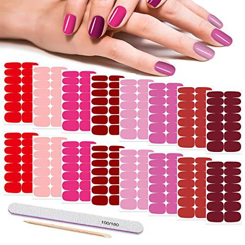 DANNEASY 16 Sheets Solid Color Nail Polish Stickers Full Nail Wraps Self Adhesive Nail Polish Strips for Women Girl Nail Art with 1pc Nail File, Cuticle Stick (Red Series)