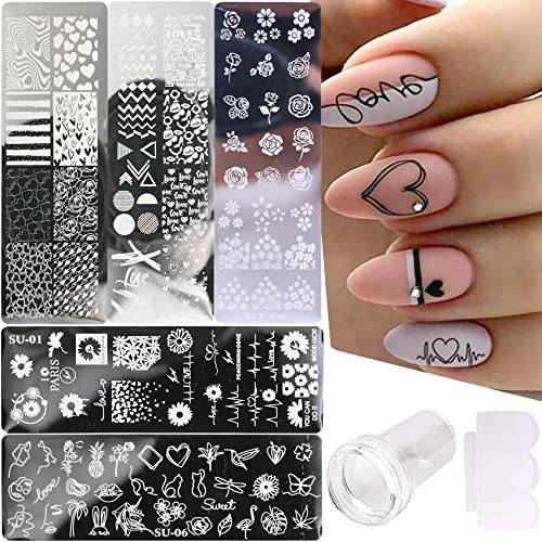 TOOFD Valentine’s Day 5 PCS Nail Stamp Template Kit +1 Stamper+1 Scraper Lace, Flower Love Heart Geometric Rose Sunflower Nail Art Templates Nail Stamper Manicure Nail Supplies Stencil Plates Nail s