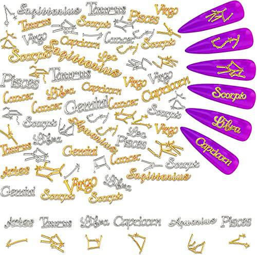 Zodiac Nail Charms, 48 Pcs 3D Super Cute Zodiac Sign Charms Set, Zodiac Charms with Smooth Surface/Not Fade for Making Jewelry, Necklaces, Bracelets, Resin, DIY Nail Art Decoration(Gold, Silver)