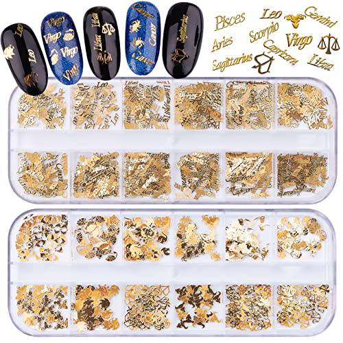 EBANKU 2 Boxes Zodiac Nail Charm, 3D Gold Twelve Constellation Charms for Nail Art, Alloy Nail Sequins for Nail Art Decoration