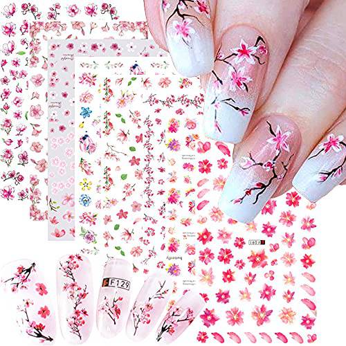 Flower Nail Art Sticker Decals Colorful Cheery Blossoms 3D Nail Sticker Cherry Blossoms Tree with Leaves Nail Art Sliders Summer for Nail Art Flower Designs Tips Nail Art DIY Decorations 8Sheets
