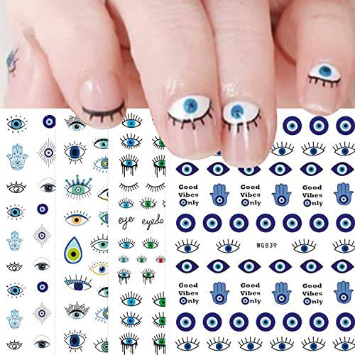 Evil Eye Nail Art Stickers Decals 7 Sheets Self Adhesive Pegatinas Uñas Turkish Blue Eye Hamsa Hand Eye of Fatima Cartoon Charms Design Manicure Tips Nail Decoration for Women Girls Gift