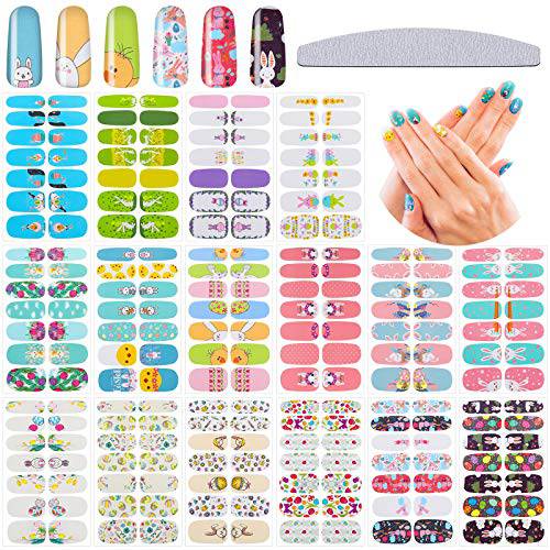 16 Sheets Easter Nail Wraps Easter Cartoon Nail Stickers Adhesive Nail Decals Strips Rabbit Chick Egg Nail Sticker Set with Nail File for Women Girls Easter Theme Nail Decoration