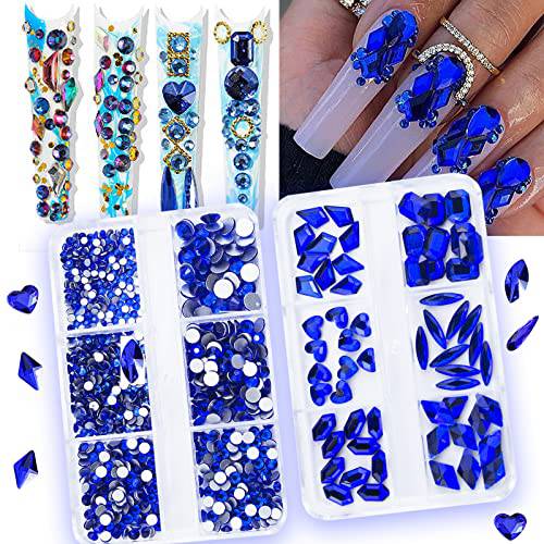 1060Pcs Royal Blue Nail Rhinestones Flatback Blue Gems Crystals Glass Stones Round Beads Multi Shapes Sizes Nail Rhinestones Charms for Nail DIY Crafts Clothes Shoes Jewelry