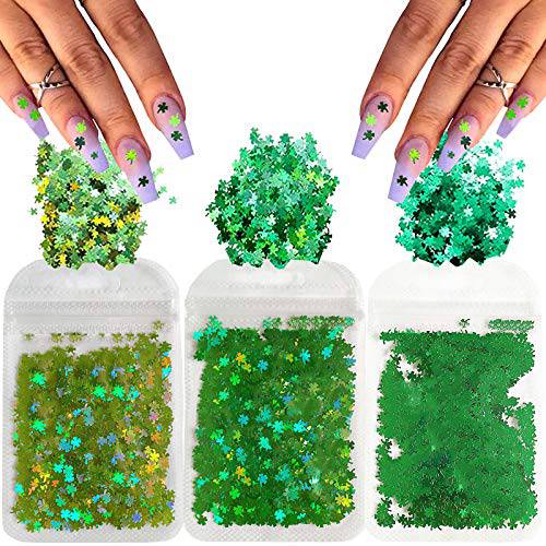 3 Bags Shamrock Nail Glitter Sequins St Patricks Day Nail Art Stickers Irish Clover Nail Decals Holographic Clover Glitters Flakes Laser Confetti Glitter Nail Art Decorations Shamrock Nail Charms