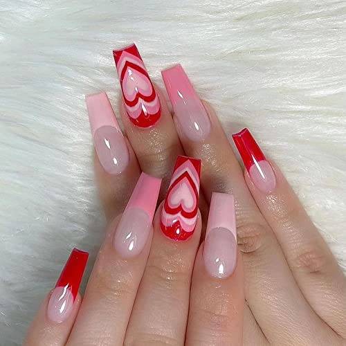 Valentine’s Day Press on nails Medium Length Fake Nails Acrylic French Red Heart Exquisite Luxury Design Fashion Romantic Valentine’s day Nail Decoration for Nails for Women and Girls 24 Pcs
