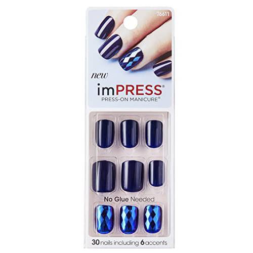 Kiss ImPress Press-On Short Length Navy Blue Nails Beautiful Life (Beveled Design Accent Nails)