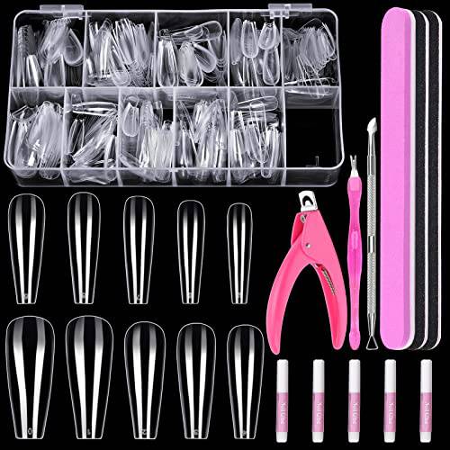 Clear False Coffin Nail Tips, MORGLES Full Cover Nail Tips Set include 500pcs Clear Press On Nails Fake Coffin Nail Tips with Nail Clipper Files and 5pcs Glues, Cuticle Pusher and Fork for Gel Nail Art DIY,10 Sizes