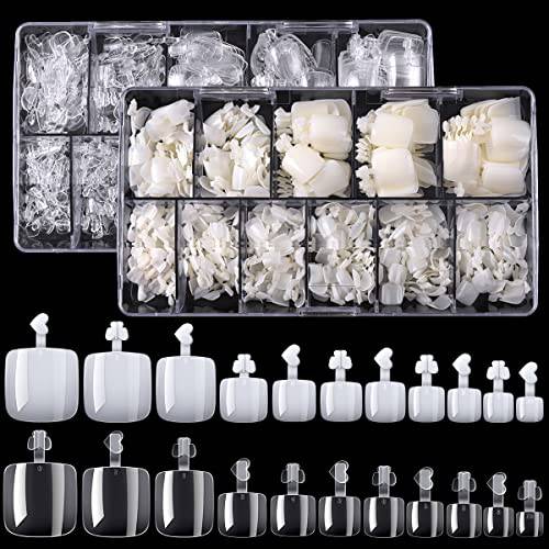 1100PCS False Toenails Full Cover Press on Clear Natural Toe Nails Acrylic Fake Tips Toe Nail Art Extension Design 10 Sizes with Box Square Nails For Girls Women Salon Home Manicure DIY Clear White