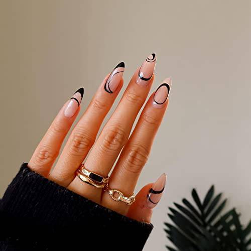 French Press On Nails Medium Length Fake Nails with Nail Glue Glossy Black Swirl Line Almond Press On Nails Acrylic Stick on Nails Artificial Fake Nails with Design DIY Manicure Tips for Women 24PCS