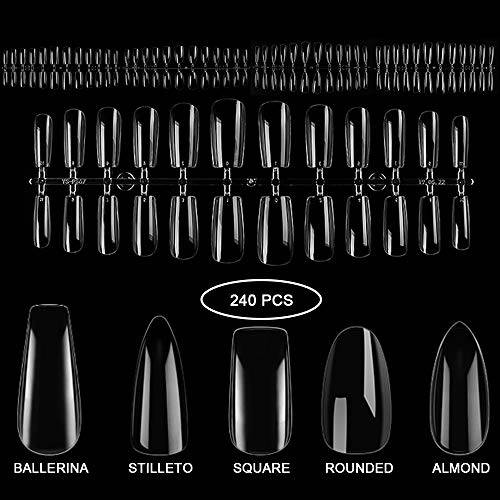 Fake Nail Tips, Long Artificial Nails, Clear ABS No Creases False Nail Extension, Includes Ballerina, Stilleto, Square, Rounded, and Almond Shapes, Total 240 pcs for Nail Salons and DIY Nail Art