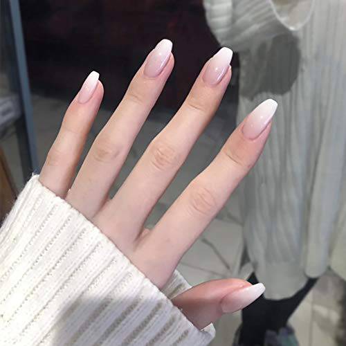 Artquee 24pcs French Nude White Ombre Ballerina Medium Long Coffin Glossy Fake Nails Press on Nail False Tips Manicure for Women and Girl