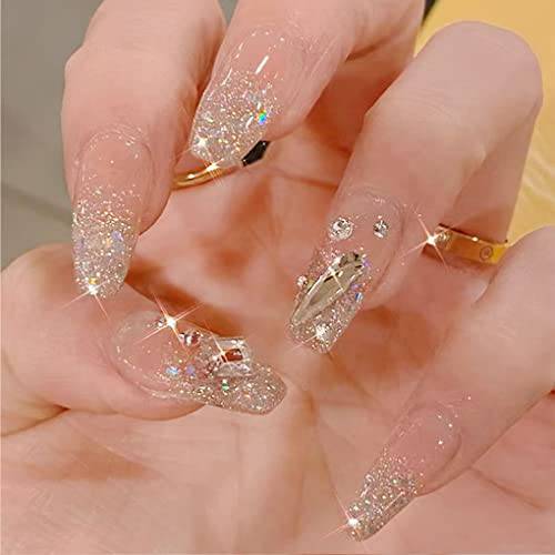 French Ballerina Coffin False Fake Nails 3D Bling Glitter Pink Gradeint Natrual Press on Nails Stick on Nails Static Nails Acrylic Full Cover Reusable False Nails for Women and Girls24PCS (3D Bling Glitter Pink)